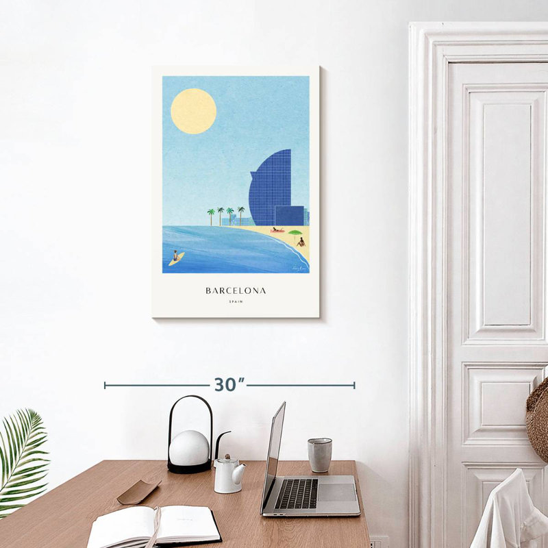 Affiche de voyage rétro Aime Barcelona Beach, H 30 po x l 20 po