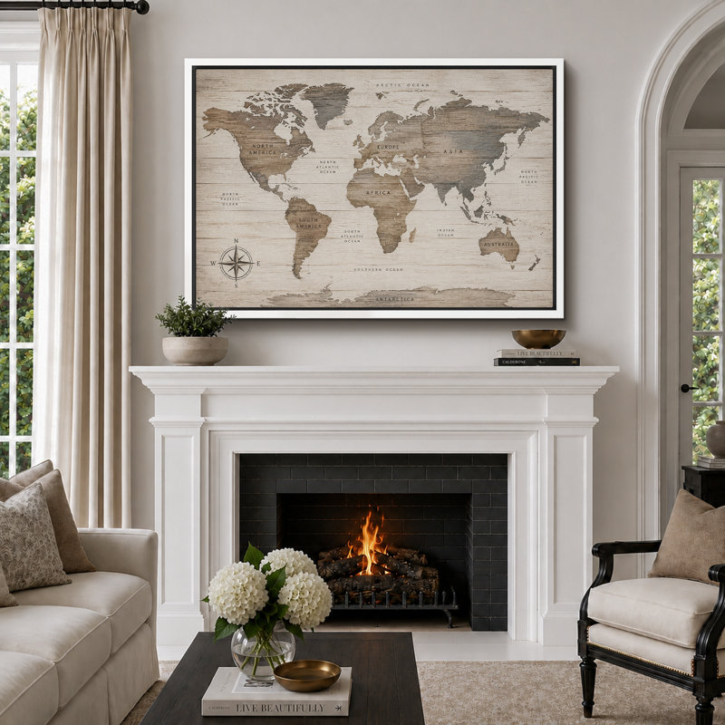 Rustic World Map Artwork, Office Pictures, Framed Canvas Giclee Print Wall Art, White Frame, H 16 po x l 24 po x P 1,5 po
