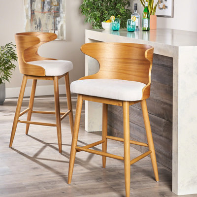 Chaises de bar de style Mid-Century, sièges rembourrés beiges, bois d'hévéa résilient, l 22,63 po x P 21,22 po, H 40,43 po, revêtu de l 23 po, P 21 po
