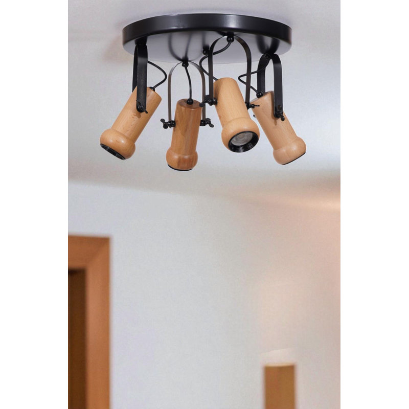 Elegant Metal Chandelier with Wooden Cap, Black & Oak Finish, Total Height: 10.2 inches | Base Plate Ø13.8 inches | 4 x GU10 Max 10W Sockets (Bulb Not Included) | Perfect for Modern Dining & Living Spaces, Stylish Lighting Solution