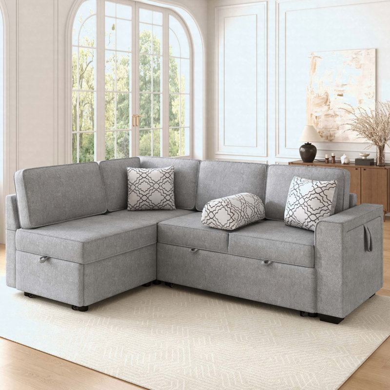 Canapé modulaire en L 83,9 po avec couchettes doubles, table rabattable et rangement, Gris clair