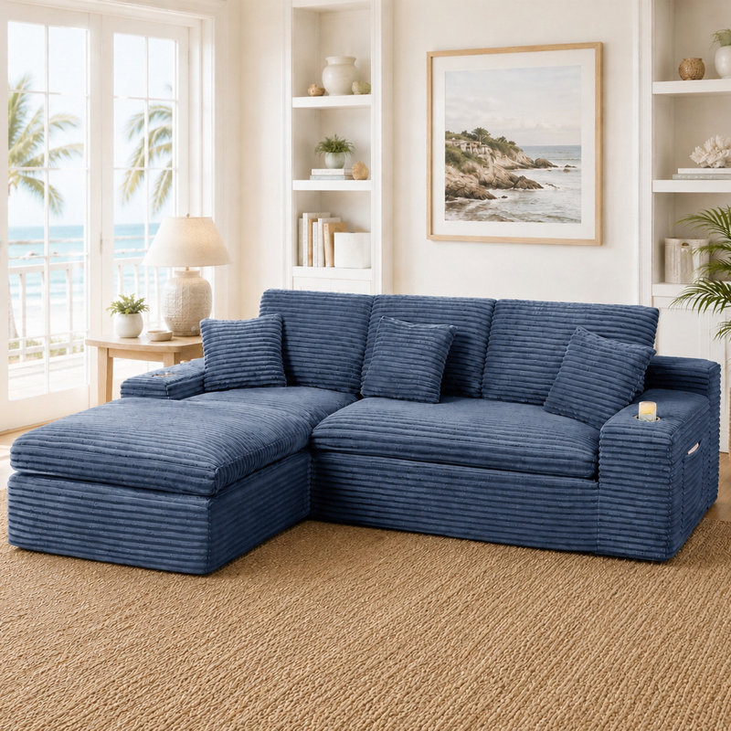 Canapé modulaire rembourré en mousse à compression 98,4 po avec méridienne et poche latérale, Bleu