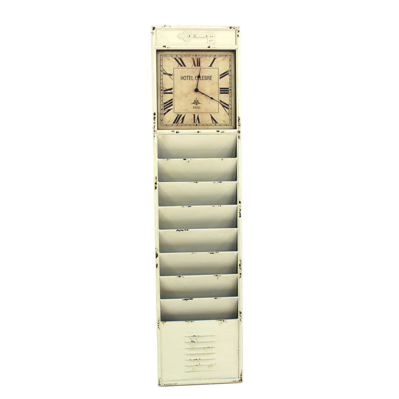 Donaway 60" Off White Vintage Look Magazine Rack With Clock, Beige
