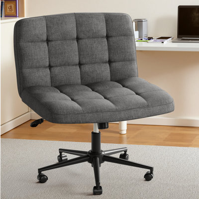 Swivel Criss Cross Legged Chair With Wheels, Armless Home Office Chair With Comfy Wide Cushion, Height Adjustable For Desk, Vanity, Bedroom, Linen, Gray