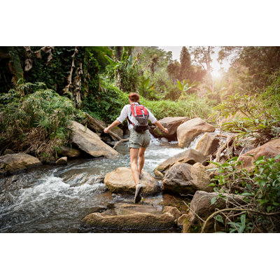 Woman with Backpack Hiking in Rainforest by Fredfroese