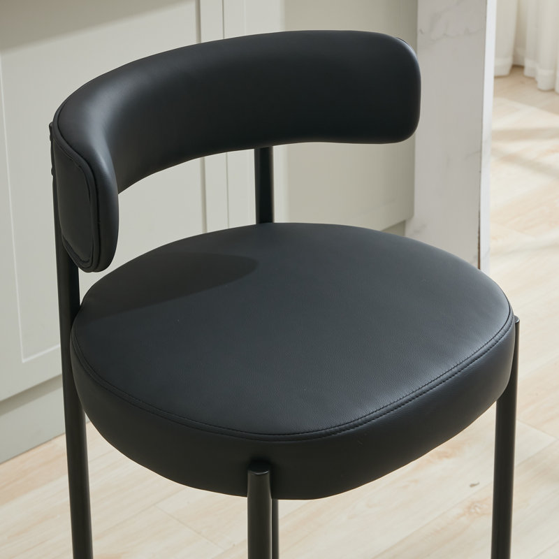 Tabouret de bar moderne en similicuir 30 po avec dossier bas incurvé et structure en métal, Noir mat, 2
