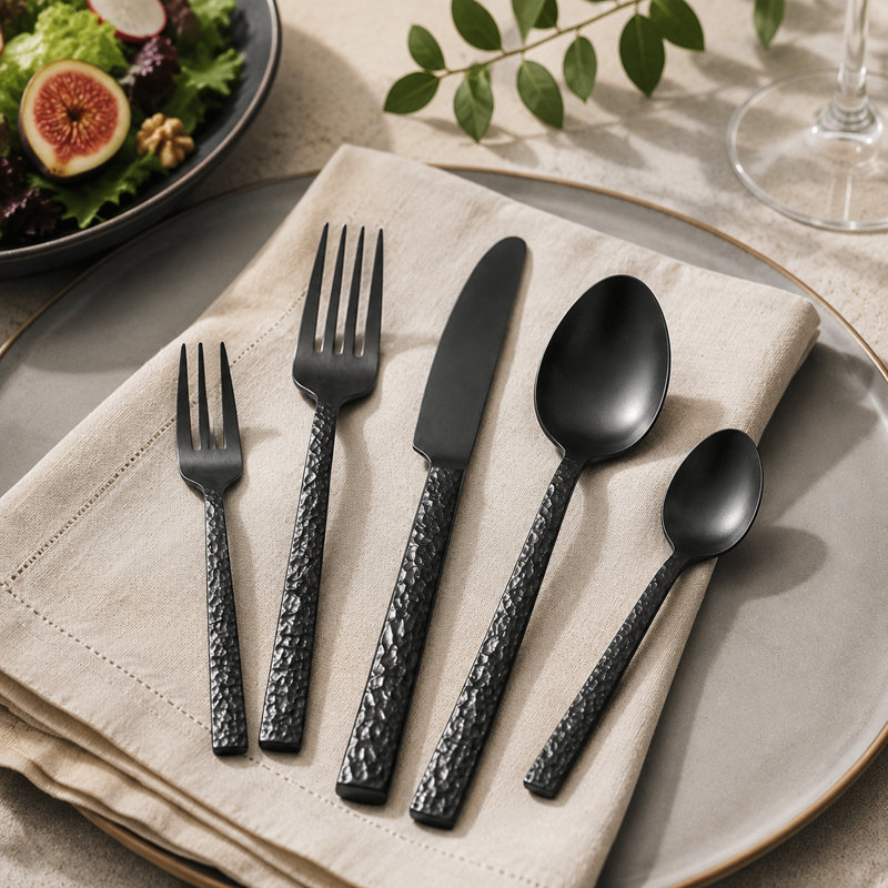 60 Pcs Black Hammered Silverware Set for 12