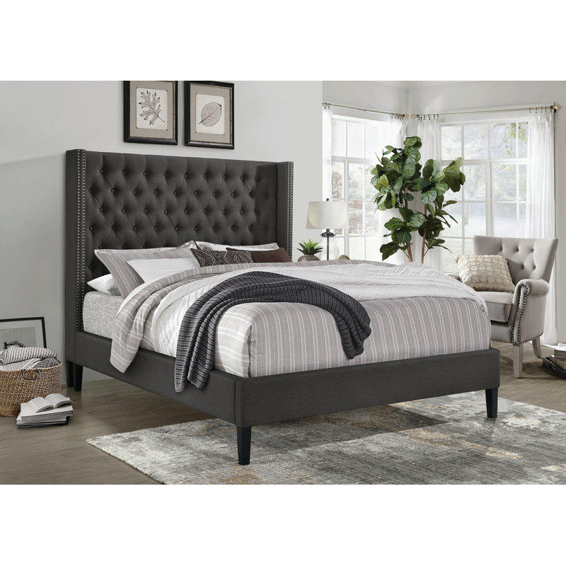 Allyonna Upholstered Wingback Bed, Queen, Dark Gray