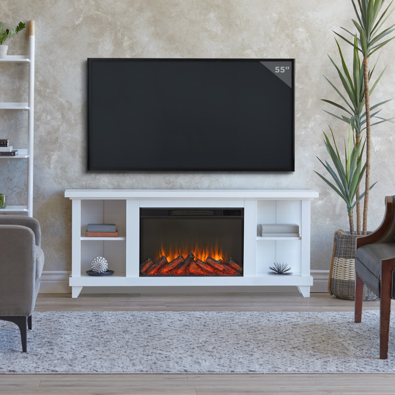 Penrose 58" TV Stand with Slim Electric Fireplace by Real Flame, White
