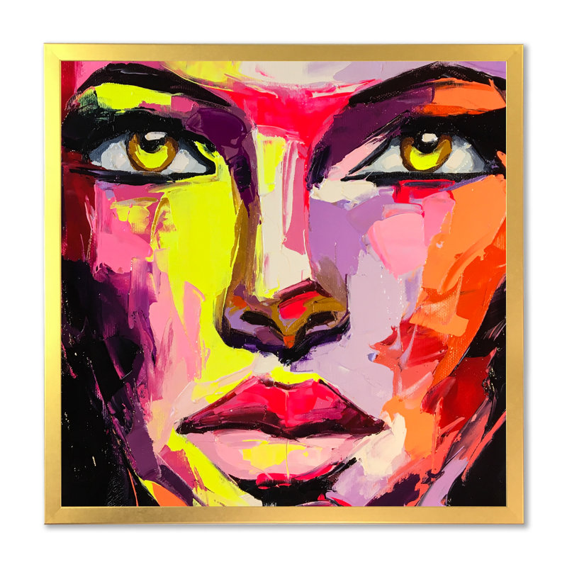 Portrait coloré d'une fille à la mode - sur, H 16 po x l 16 po x P 1 po, Encadrement doré