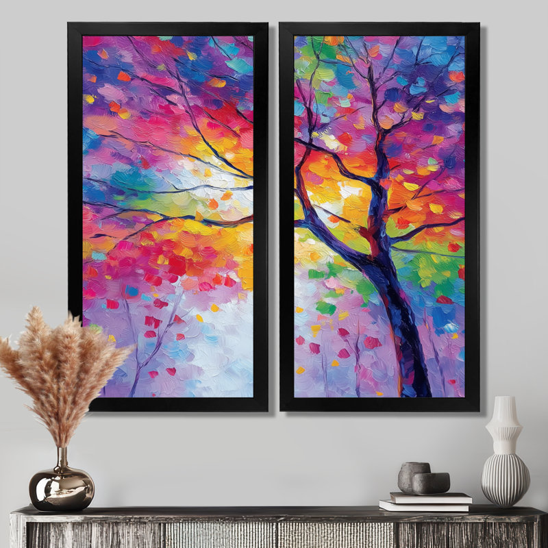 «Vibrant Tree of Life Forest», art mural sur arbre pour le salon, rose sur toile, 2 pièces, Reproduction encadrée, Noir