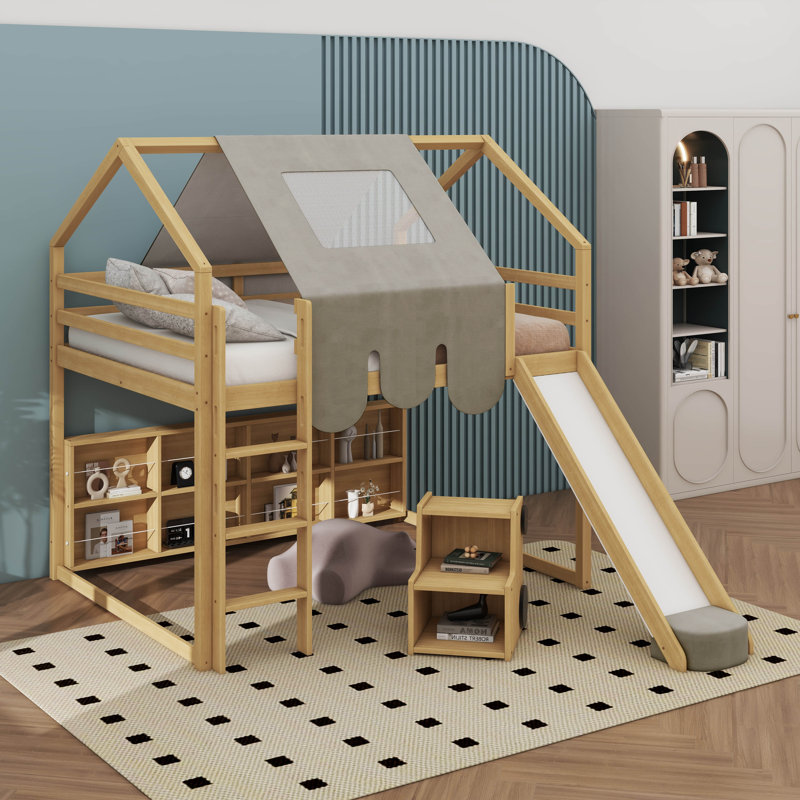 Lit mezzanine en bois avec structure en forme de maison et auvent de tente, Naturel / Beige, Double