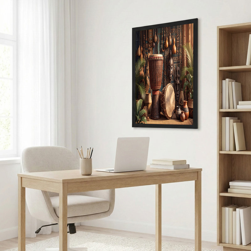 Tambour traditionnel et masques en bois sur toile avec lumière chaude, H 28 po x l 40 po