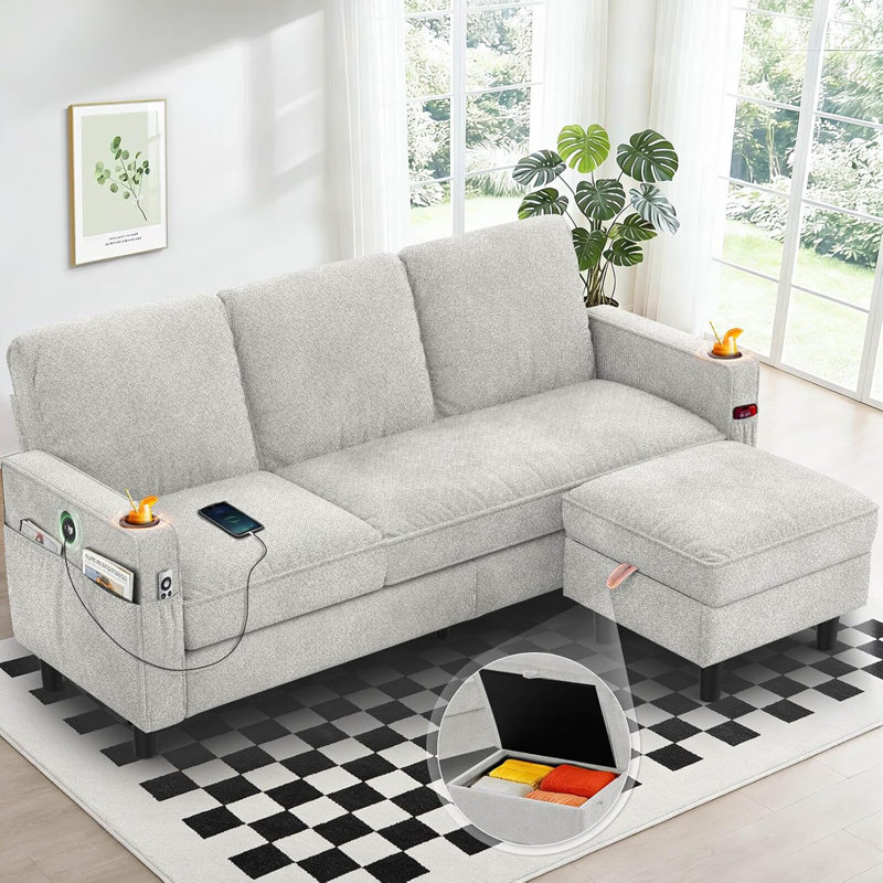 3-Seater Sofa with Storage Footstool and 2 Cup Holders, L-shaped Lounge Chair Sofa with USB Charging Port, Small Corner Sofa in the Living Room
