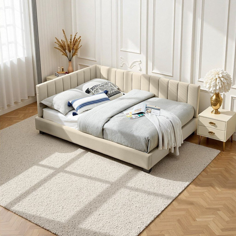 Lit de jour convertible pleine grandeur - Canapé-lit capitonné en velours avec dossier et accoudoirs, beige (81 po x 60 po x 29,5 po)