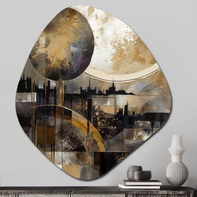 Exploration de la lune dorée évolutive II - paysage mural asymétrique moderne, impression de sculpture murale en métal de forme unique