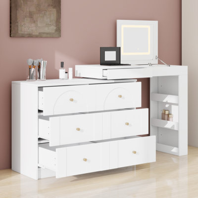 Table de rangement avec miroir, plateau de table rabattable, 7 tiroirs, 9 compartiments et 3 tablettes