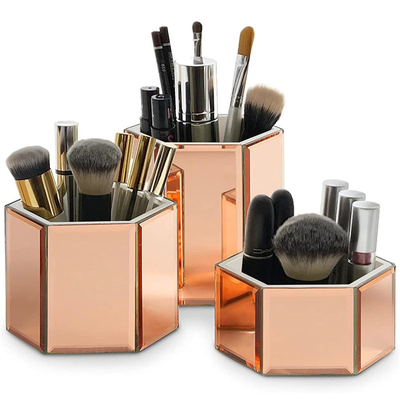 Plateaux à miroir hexagonaux pour le maquillage / cosmétiques, brosses, Or rose