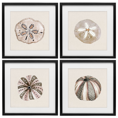 Ensemble de 4 reproductions encadrées sous-verre taupe et beige Sea Creatures, par Lanie Loreth