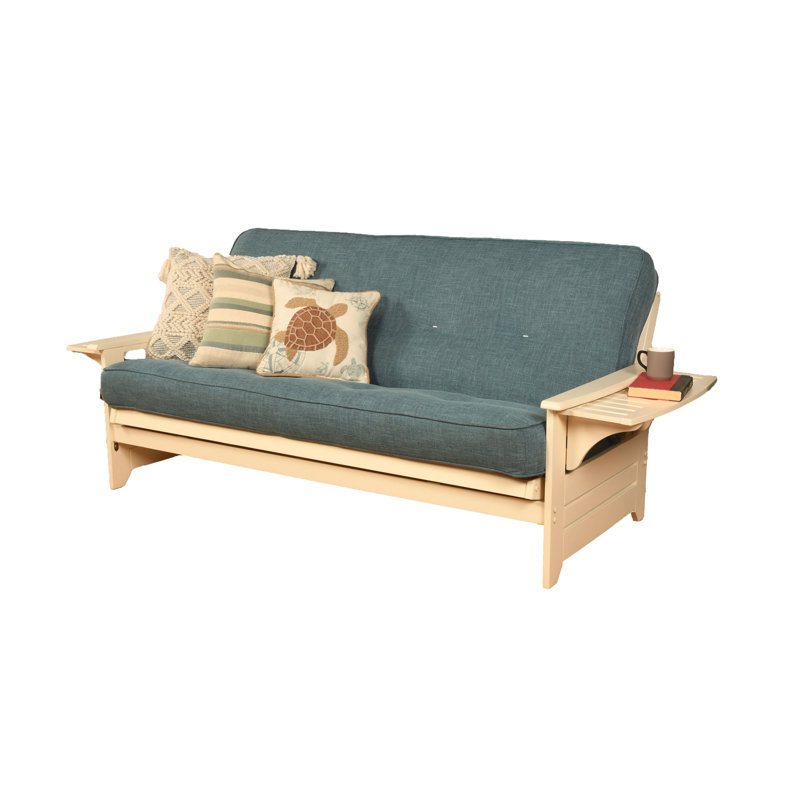 Johnte 82'' Wide Full Futon And Mattress, Antique White, Linen Aqua Microsuede, Premium Pocket Coil