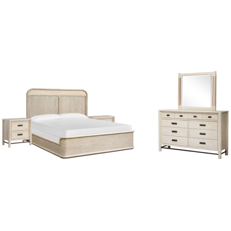 Très grand lit à panneau Regulski avec tables de chevet et commode avec miroir, Très grand