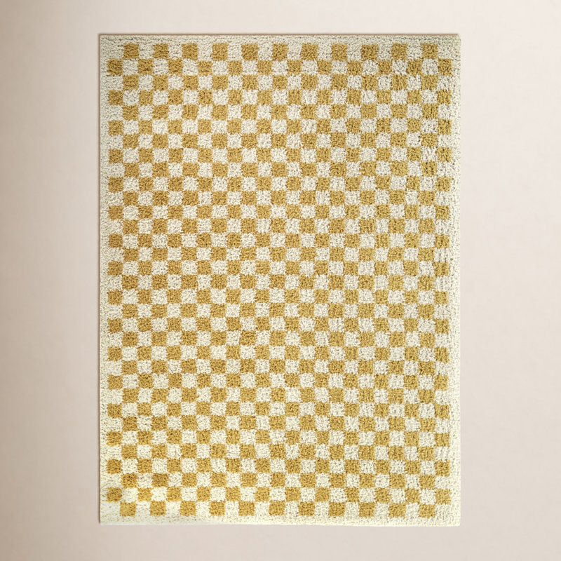 Tapis à poils longs moutarde / crème à carreaux Walker, Rectangle 5 pi 3 po x 7 pi