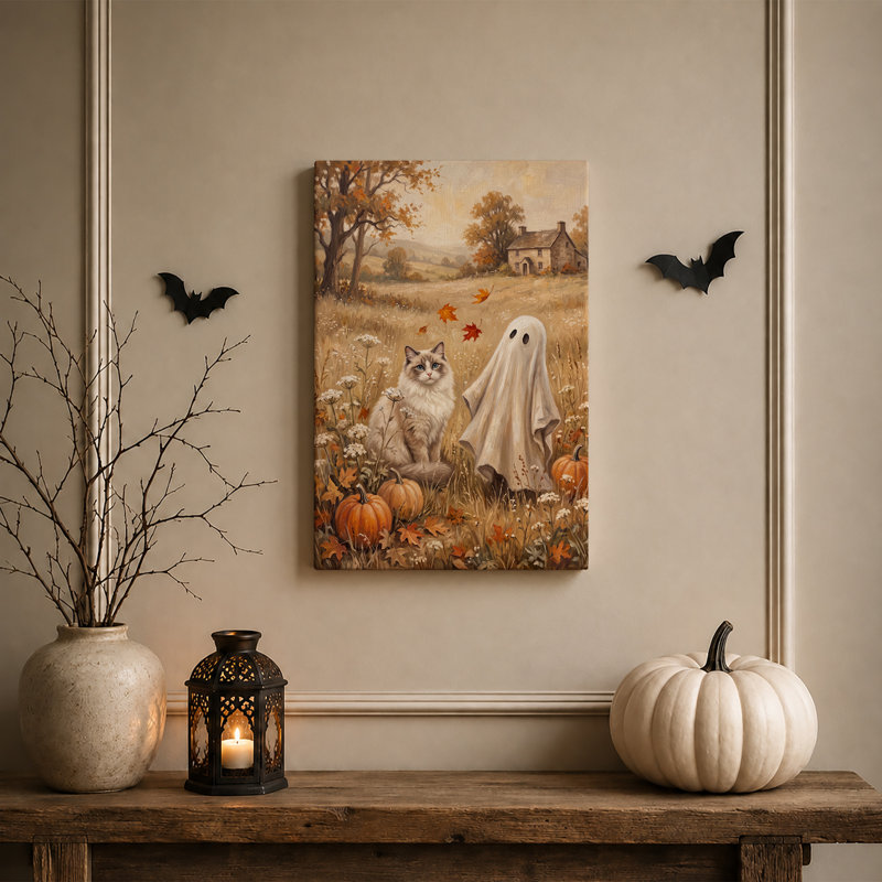 «Fluffy Cat and Ghost in Autumn Pumpkin Patch», art mural sur toile, H 24 po x l 16 po