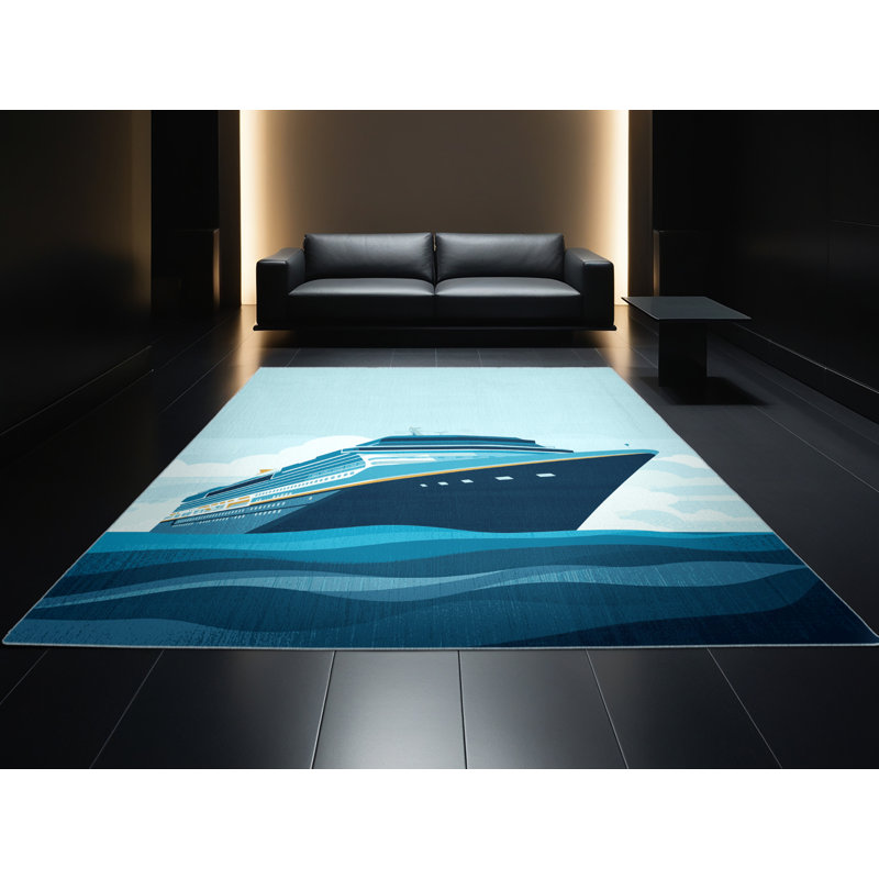 Tapis bleu moderne pour bateau de croisière lavable à la machine, 5 x 7