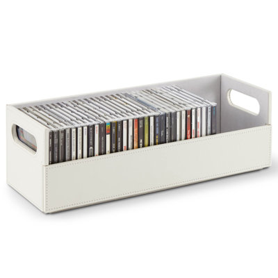 CD Storage Box, Organizer Shelf For Movie Cases, Dvds, Cassette Tape Display Stand, Faux Leather, White