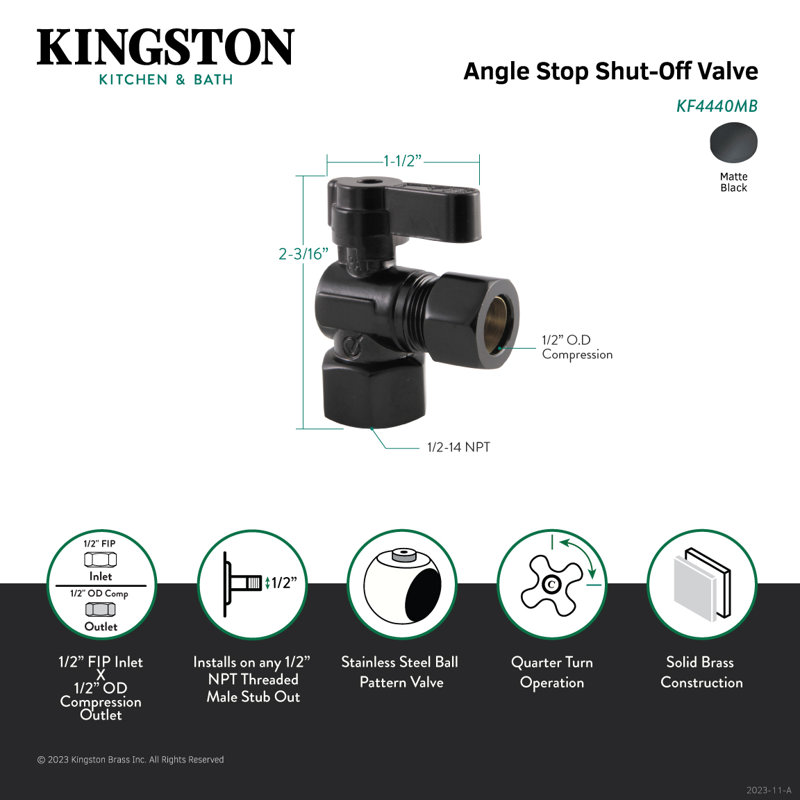 Kingston Brass 1/2-Inch FIP x 1/2-Inch OD Comp Quarter-Turn Angle Stop Valve, Matte Black