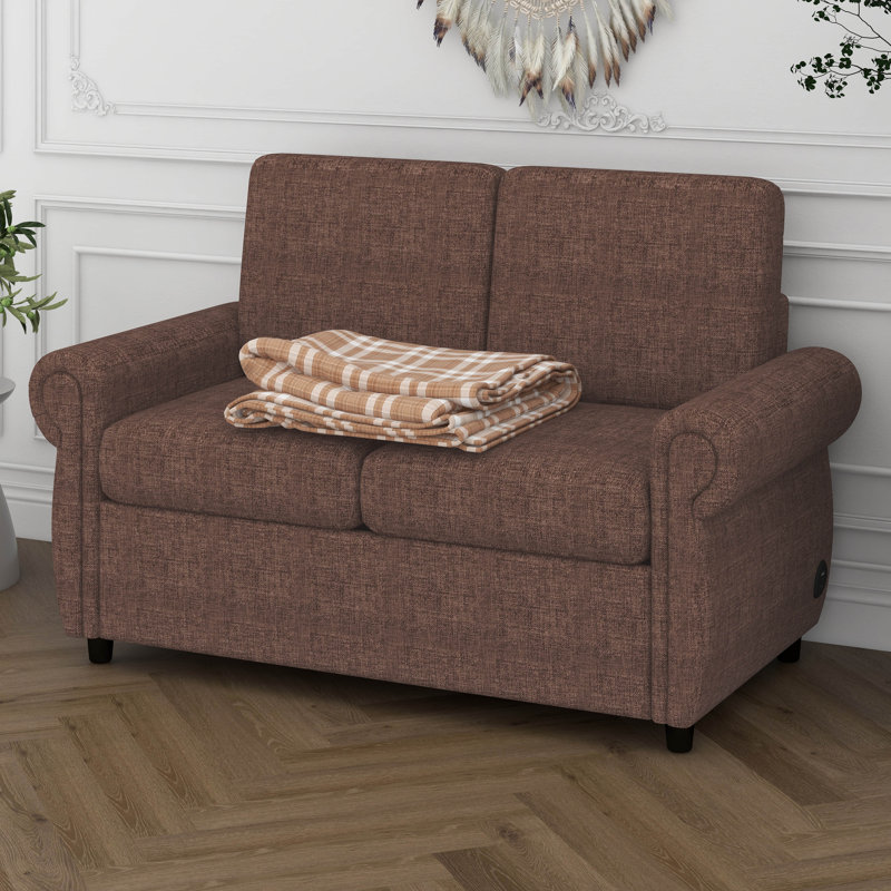 Canapé-lit escamotable de 57,9 po avec matelas à mémoire de forme simple, canapé-lit en lin polyvalent avec 2 ports USB, Brun