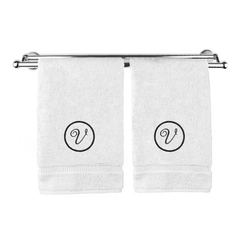 Essuie-mains monogramme - ensemble de 2 - lettre à motif circulaire, V, Blanc / noir