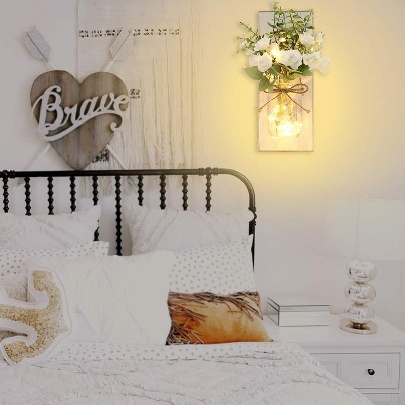 2-Pack Rustic Wall Sconces with Mason Jars, Led Fairy Lights, Remote Control, White