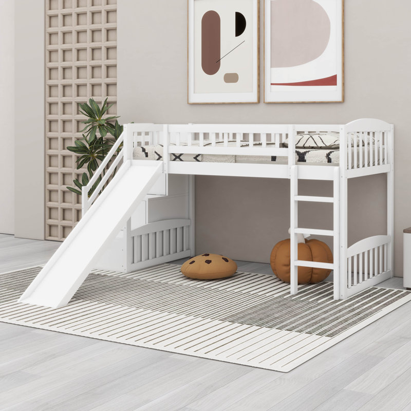 Space Efficient Pine Wood Frame Stairway Loft Bed With  Slide, Guardrails,Convertible Ladder, White