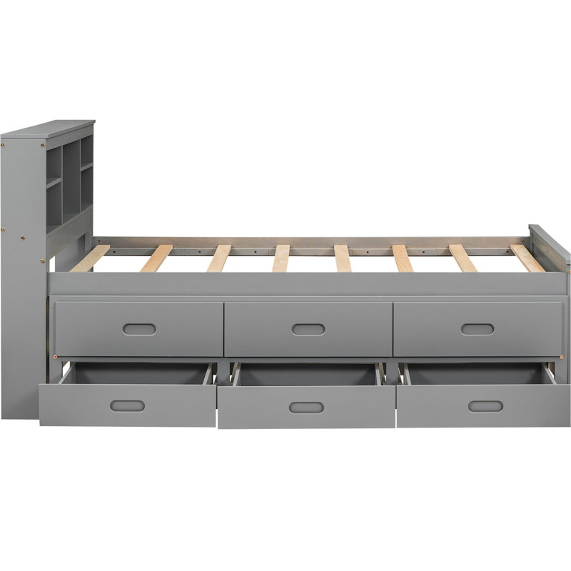 Lit plateforme simple gris avec rangement pour tête de lit et 3 tiroirs - Fabrication en bois robuste pour un rangement quotidien, lit gigogne dans un espace paisible