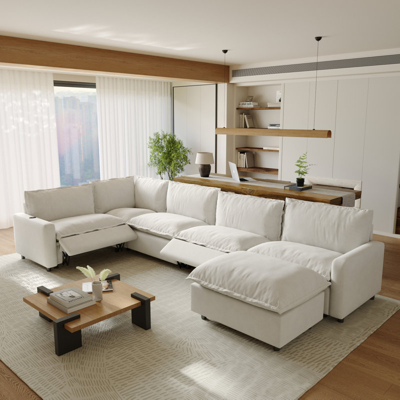 Canapé modulaire inclinable électrique en L 6 pièces avec siège à gravité zéro et sièges chauffants, Lin beige