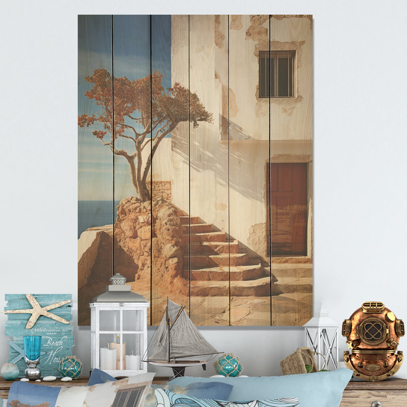 Tranquillité de maison de plage en Espagne - «Coastal Beach», art mural sur bois de pin naturel, H 20 po x l 10 po