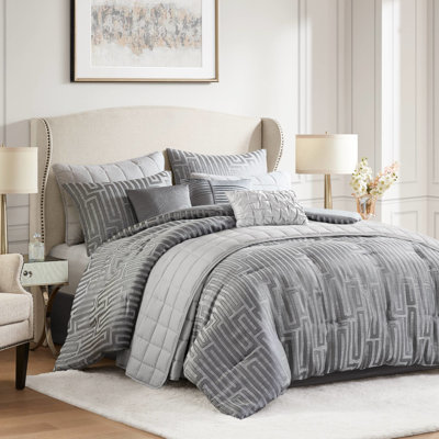10 Pcs Queen Luxury Comforter Grey - Complete Piece And Quilt With Embroidered Geometric Pattern, Design, All Season Comfort, Timeless Box Stitching, 15 Inch Drop Bed Skirt Decorative Pillows