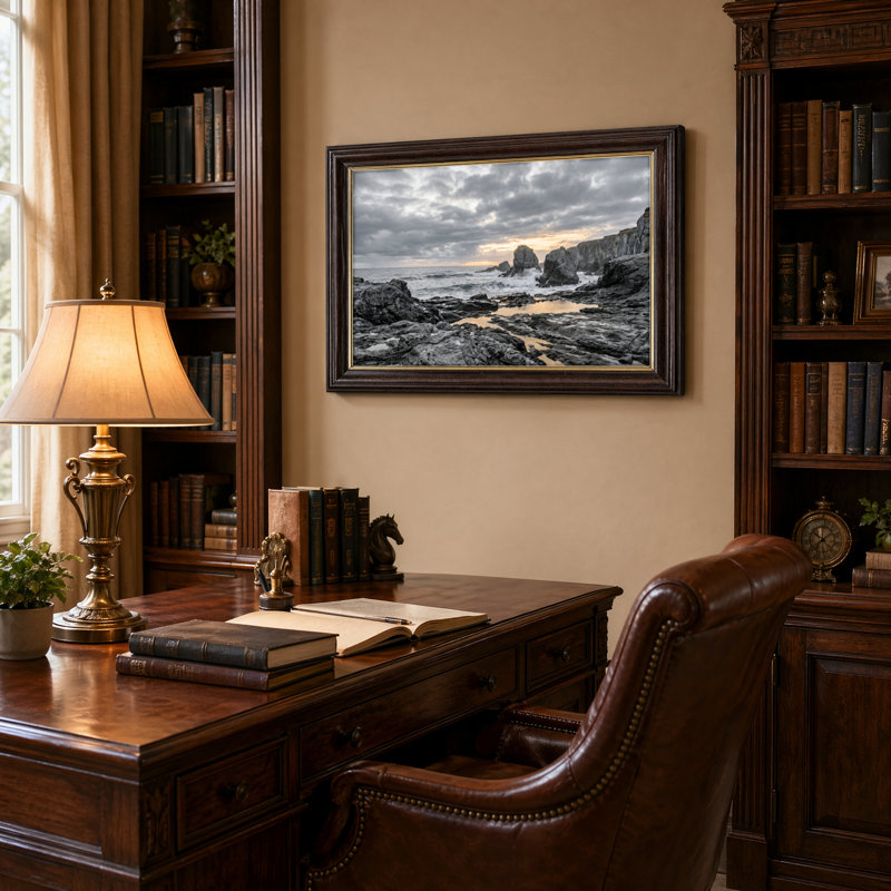 Art mural antique sur toile encadré doré pour le salon, la chambre à coucher, le bureau ou le vestibule - décoration murale décorative avec roches de l'océan