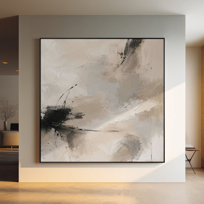 Extra Large Wall Art Fabric Print - Soft Neutral Abstract with Black Details for Living Room or Bedroom - "Frame Assembly Required (Unfinished Frame)"