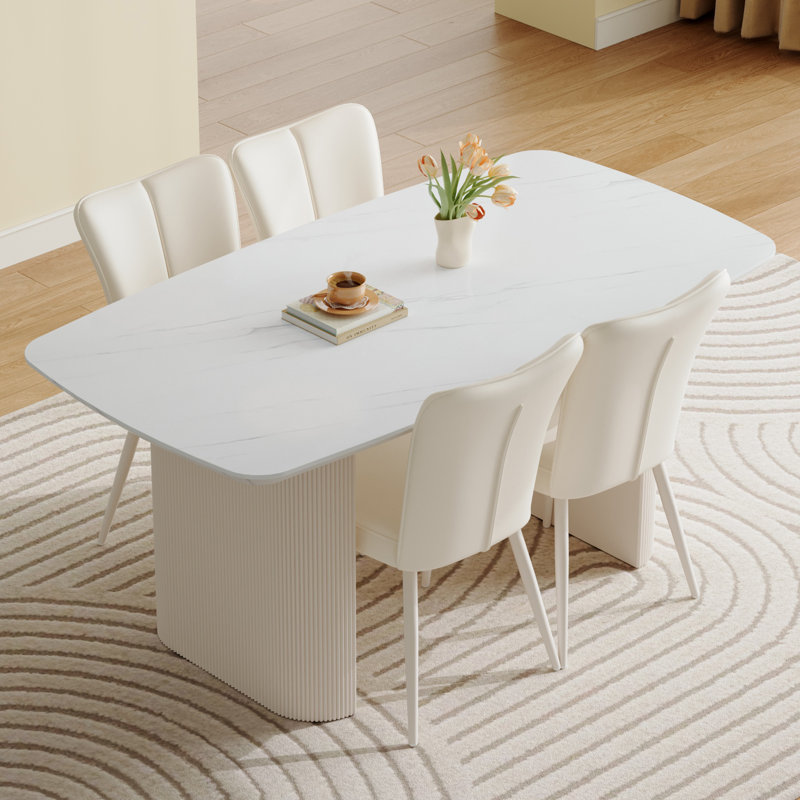 Rectangle Marble Top Double Pedestal Dining Table Set, 5