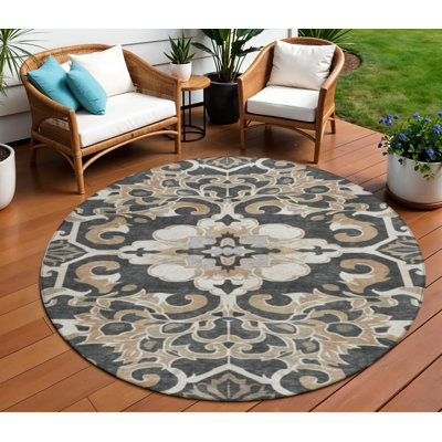 Tapis d'intérieur lavable rond 8 'gris anthracite et taupe