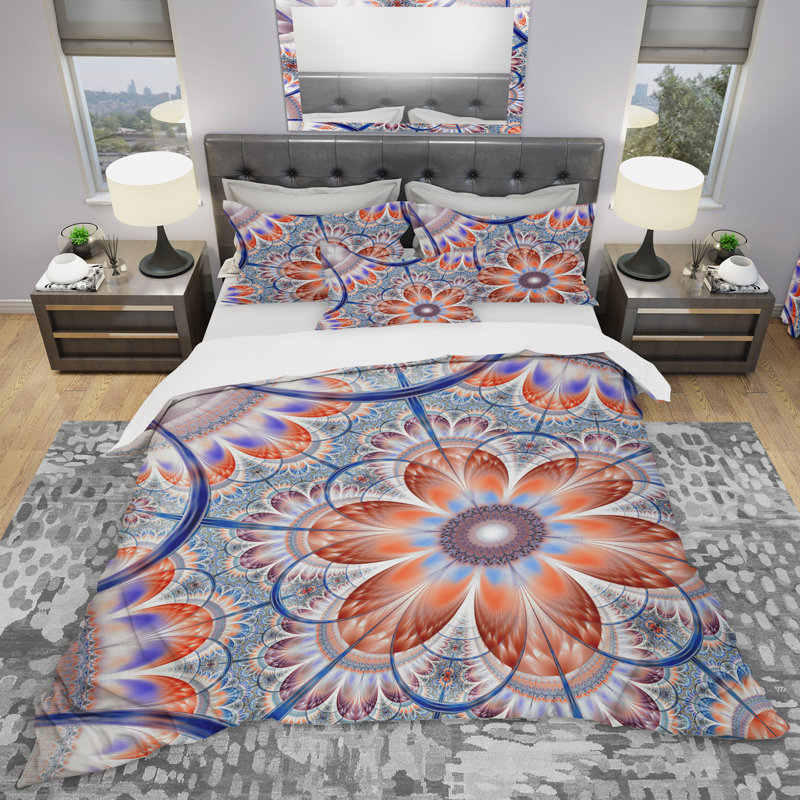 Ensemble de housse de couette à motif floral en microfibre brun et bleu, Housse de couette très grand + 2 taies décoratives