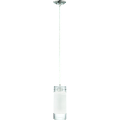 Mini-luminaire suspendu intérieur en nickel brossé 1 lumière Esprit avec abat-jour en verre cylindrique blanc givré sablé avec bords en verre transparent