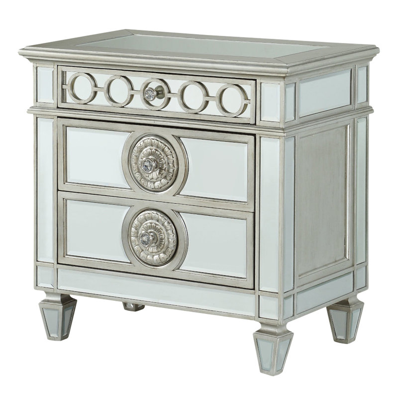 Table de chevet sophistiquée à miroir - Tiroirs à glissière en métal, détails géométriques élégants, cristal
