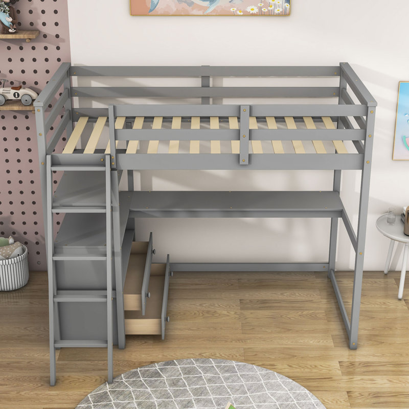 Lit mezzanine simple à 2 tiroirs avec bureau et tablettes, Gris