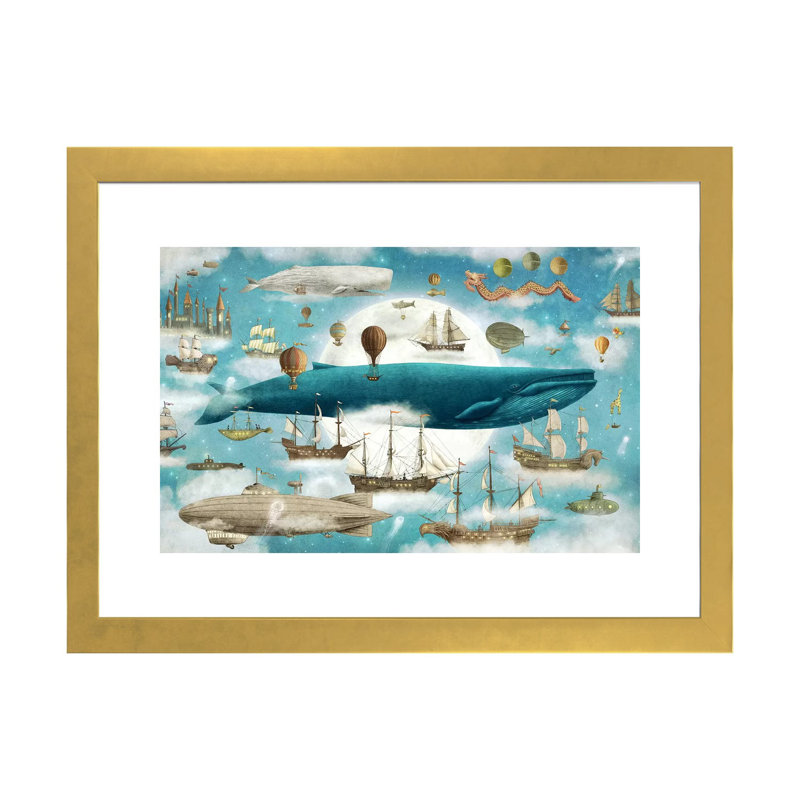 «Ocean Meets Sky # 3» par Terry Fan - impression d'art graphique, Blanc, Papier encadré doré, H 16 po x l 24 po x P 1 po