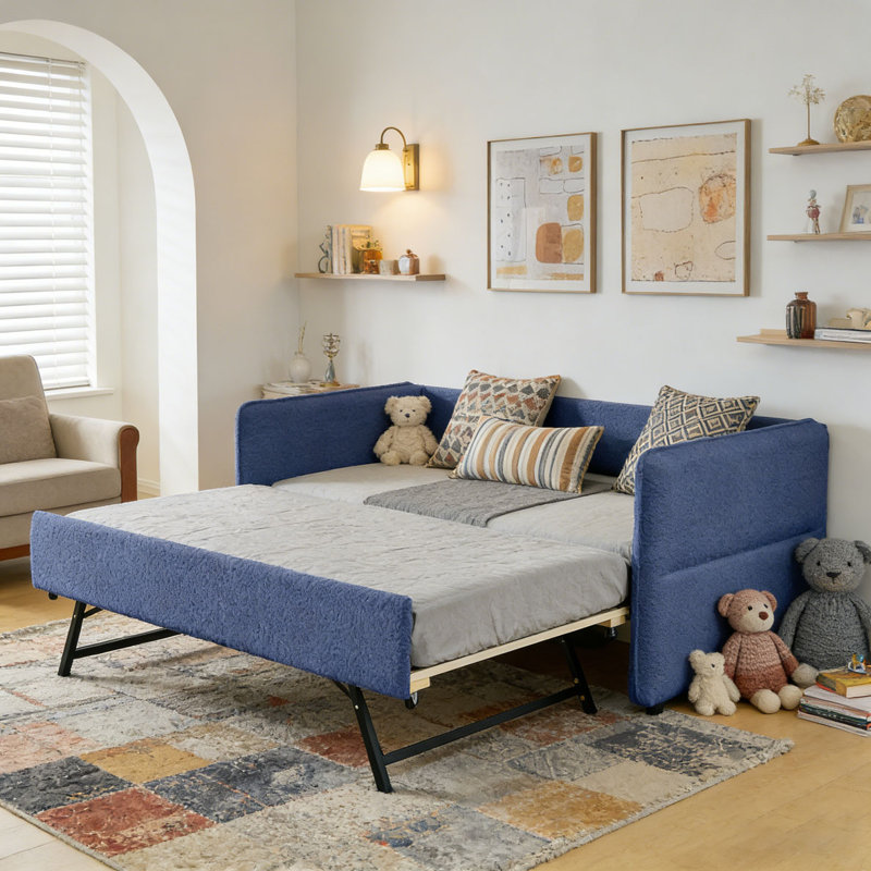 Boucle Fabric Daybed, Blue-Pop-up-Trundle, Twin