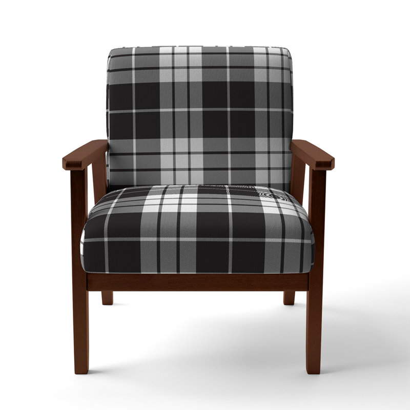 Black And Silver Checked Tartan - Upholstered Patterned Accent Arm Chair, Brown Square Arms