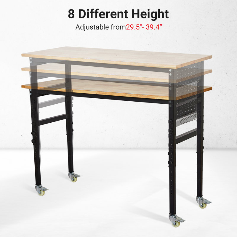 Établi réglable avec échelle, panneau perforé et 6 crochets, hauteur réglable de 29,5 po à 39,4 po, capacité de charge de 2 200 lb table de travail portative pour atelier, garage, bureau, maison, roues